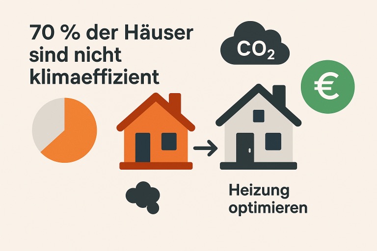 nfografik zeigt, dass 70 % der Häuser nicht klimaeffizient sind. Links ein orangefarbenes Haus mit CO₂-Wolke, rechts ein optimiertes Haus mit Euro-Zeichen. Dazwischen ein Pfeil und der Hinweis: Heizung optimieren.