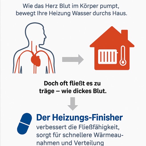 Wirkprinzip des Heizungs-Finishers: Vergleich mit Blutkreislauf zur Veranschaulichung der verbesserten Fließfähigkeit im Heizsystem